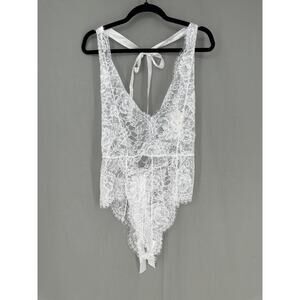Oh La La Cherie Teddy Lingerie L XL White Eyelash Lace Halter Tie Bow Sheer New